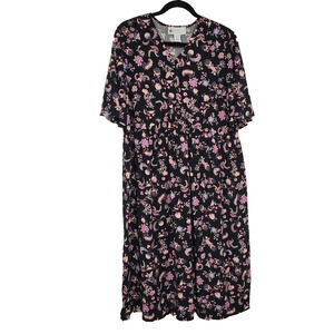 Ella Simone Midi Dress Womens L Black Pink Floral Whimsigoth 90s Cottagecore